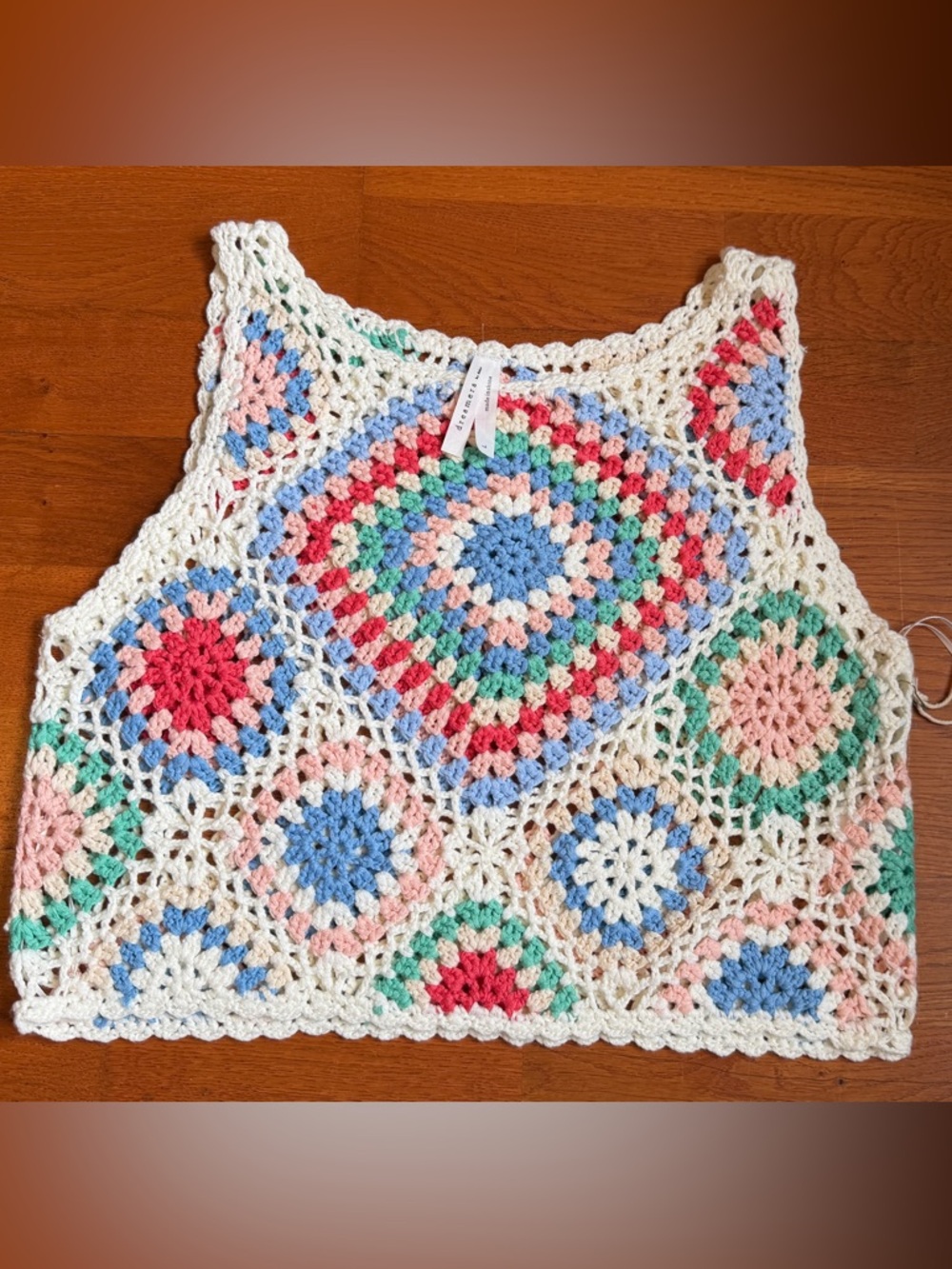 Dreamers by debut  Crochet Tank Top in Cream with Pastel Multicolor Squares